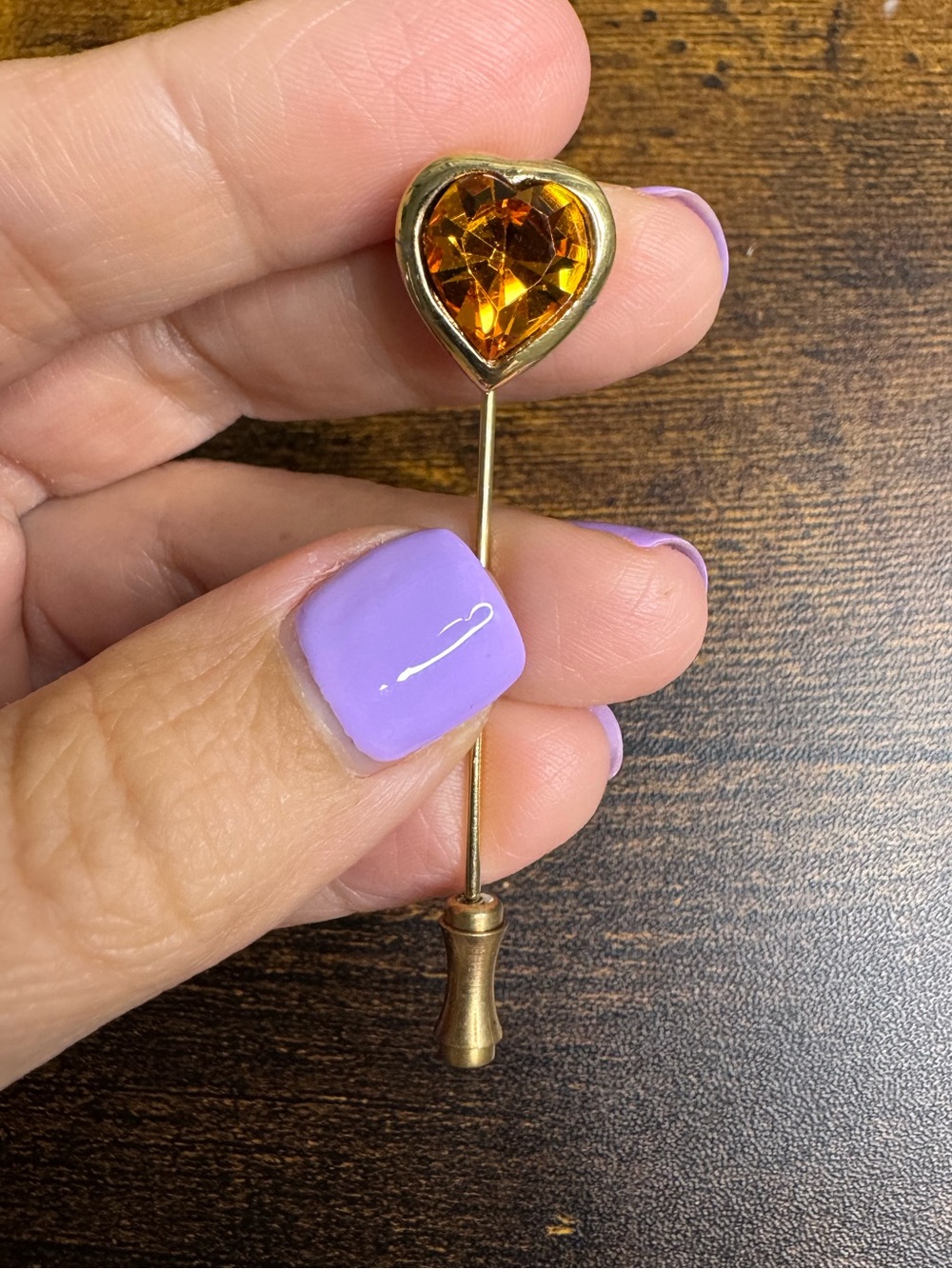 Gold Tone Heart Stick Pin with Amber Crystal - Hat Pin